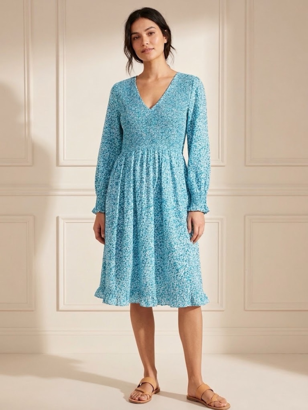 Pink City Prints Ocean Ditsy Midi Dress Large V-Neck Smocked Cottagecore Floral